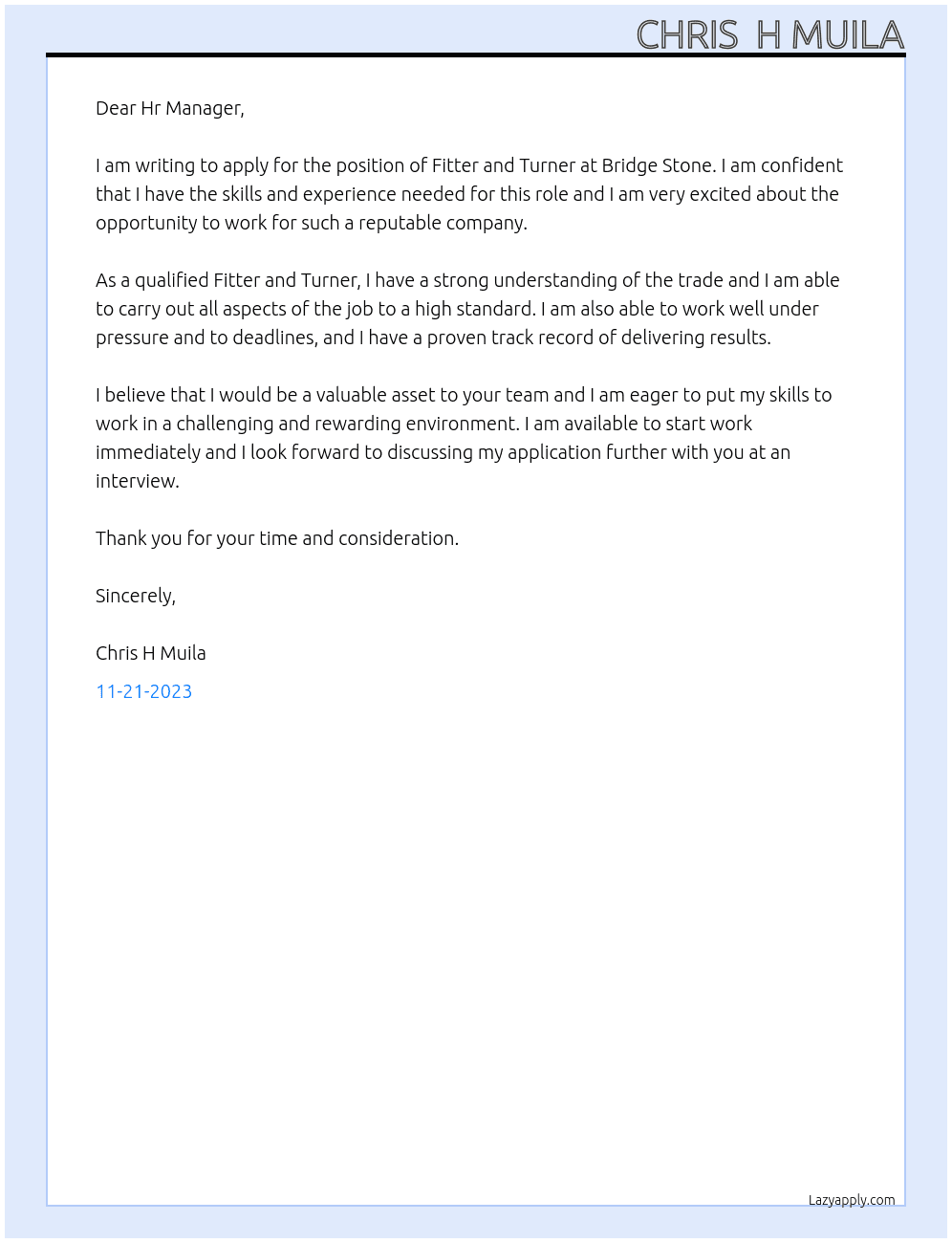 FITTER AND TURNER  At Bridge stone Cover Letter