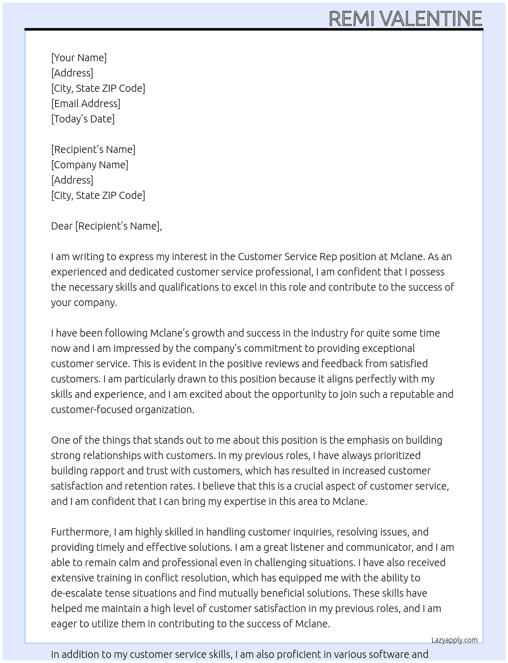 Customer Service Rep At Mclane Cover Letter