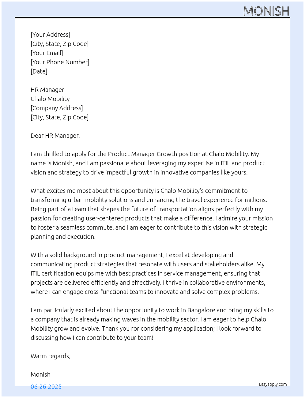 Product Manager Growth At Chalo Mobility Cover Letter