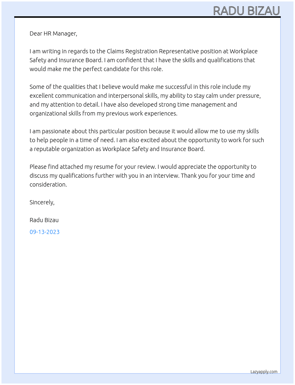 Claims Registration Representative At Workplace Safety and Insurance Board Cover Letter