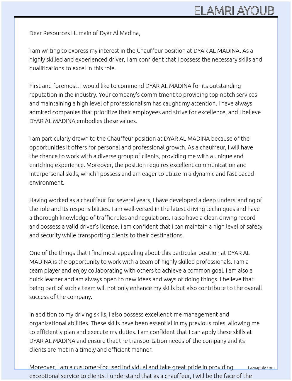Chauffeur  At DYAR AL MADINA Cover Letter