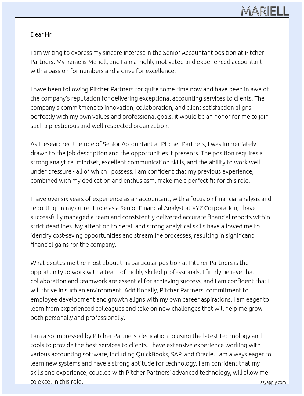 Senior Accountant At Pitcher partners Cover Letter