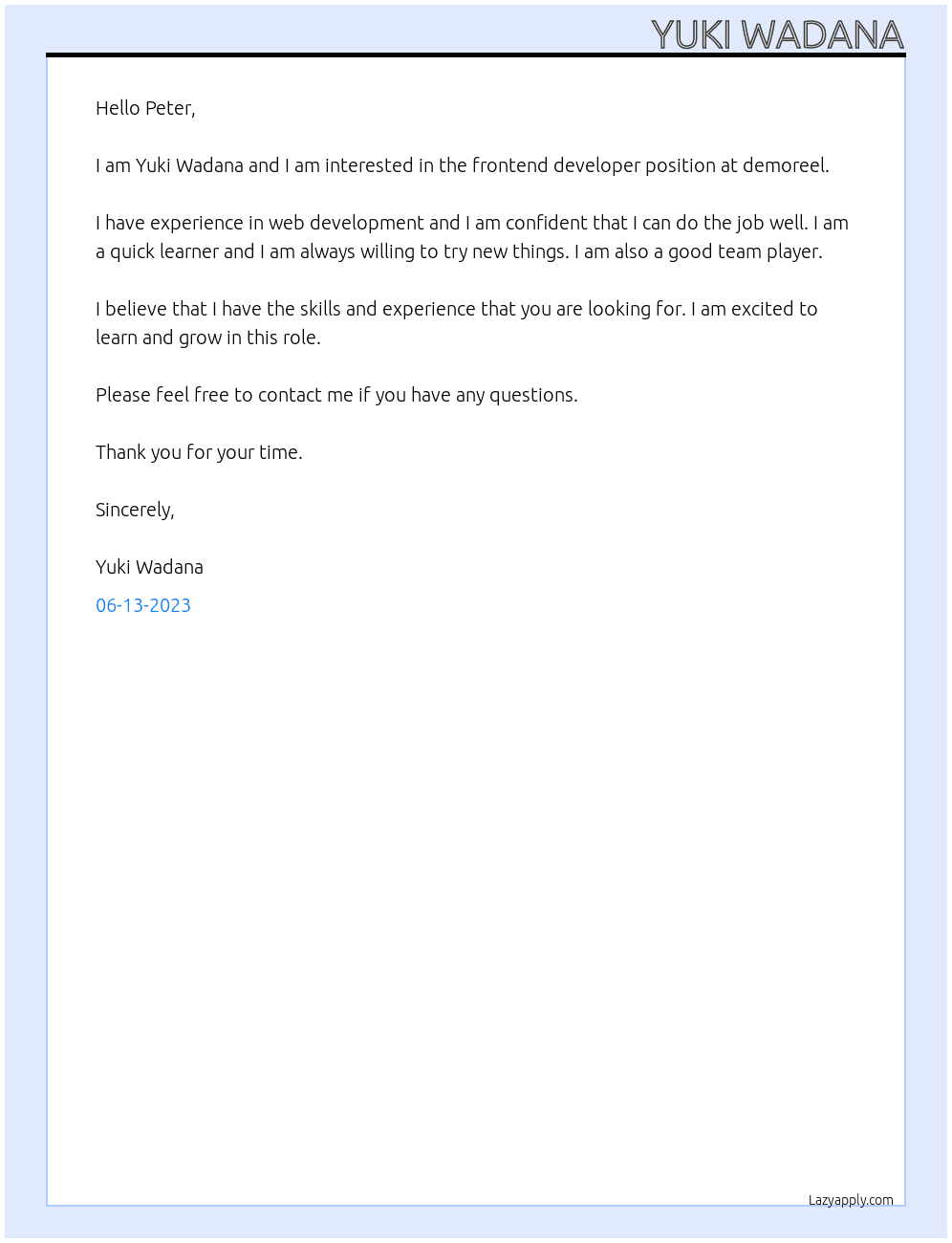 frontend developer At demoreel Cover Letter