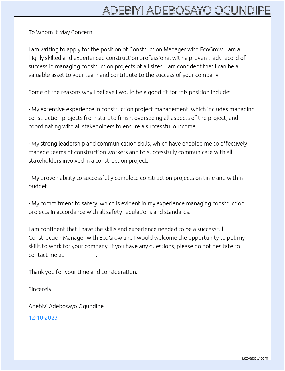 Construction manager At EcoGrow Cover Letter