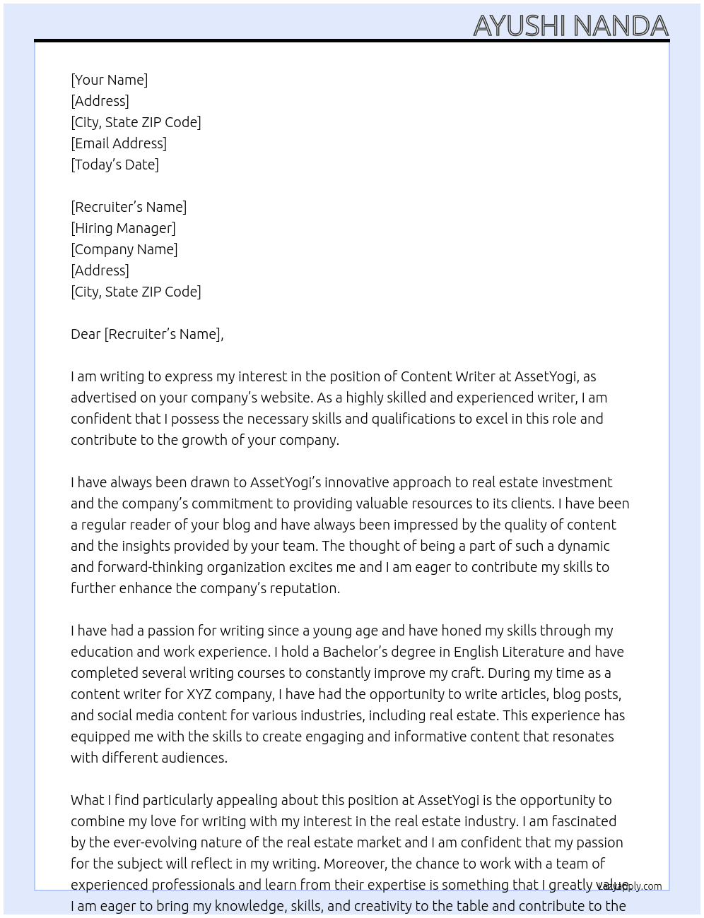 content writing At AssetYogi Cover Letter