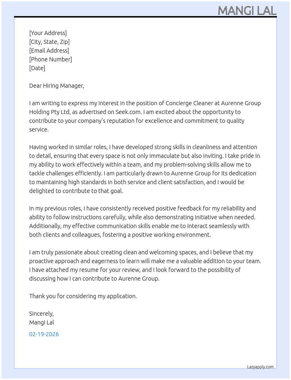 Concierge cleaner At Aurenne group holding pty ltd Cover Letter