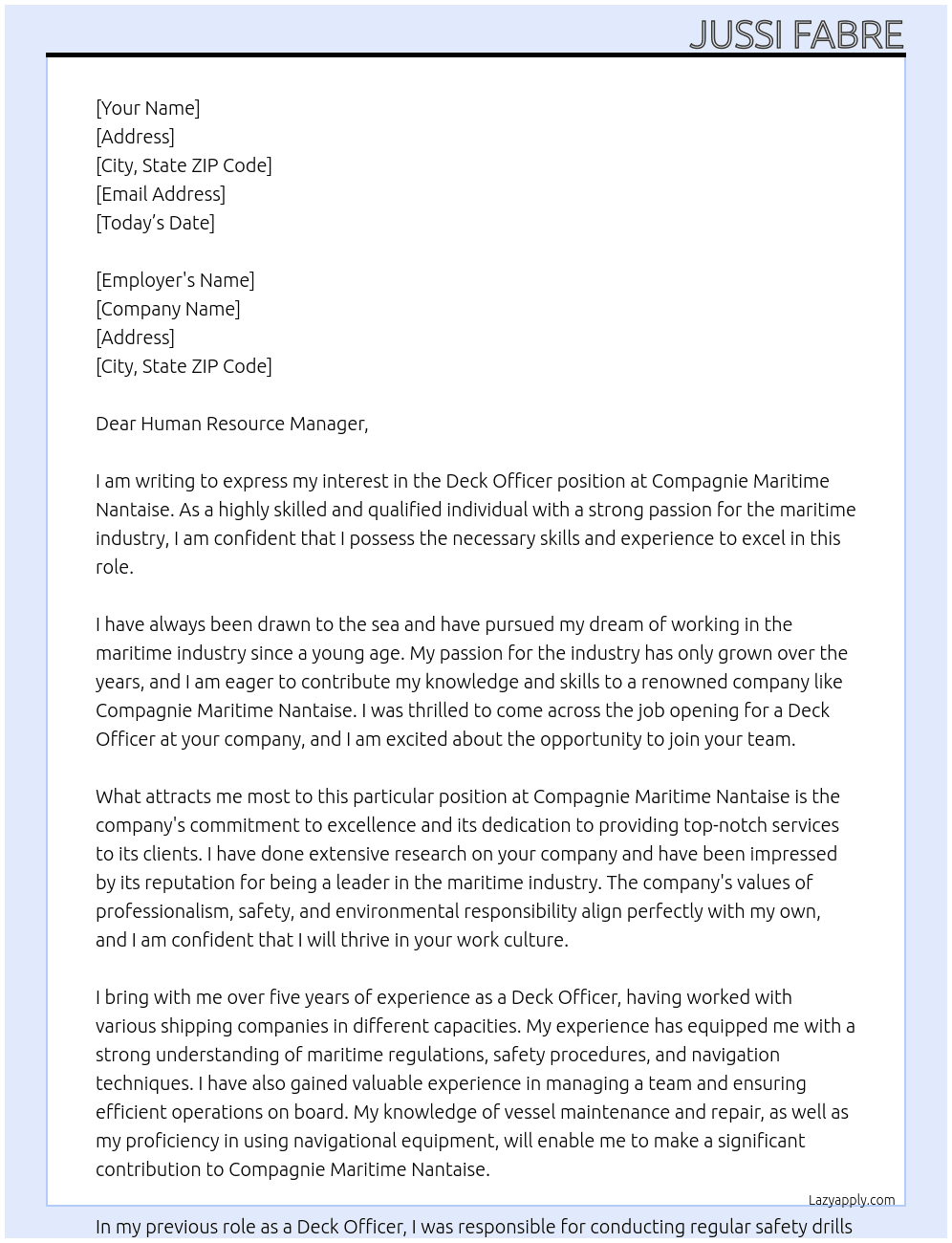 deck officer At compagnie maritime nantaise Cover Letter