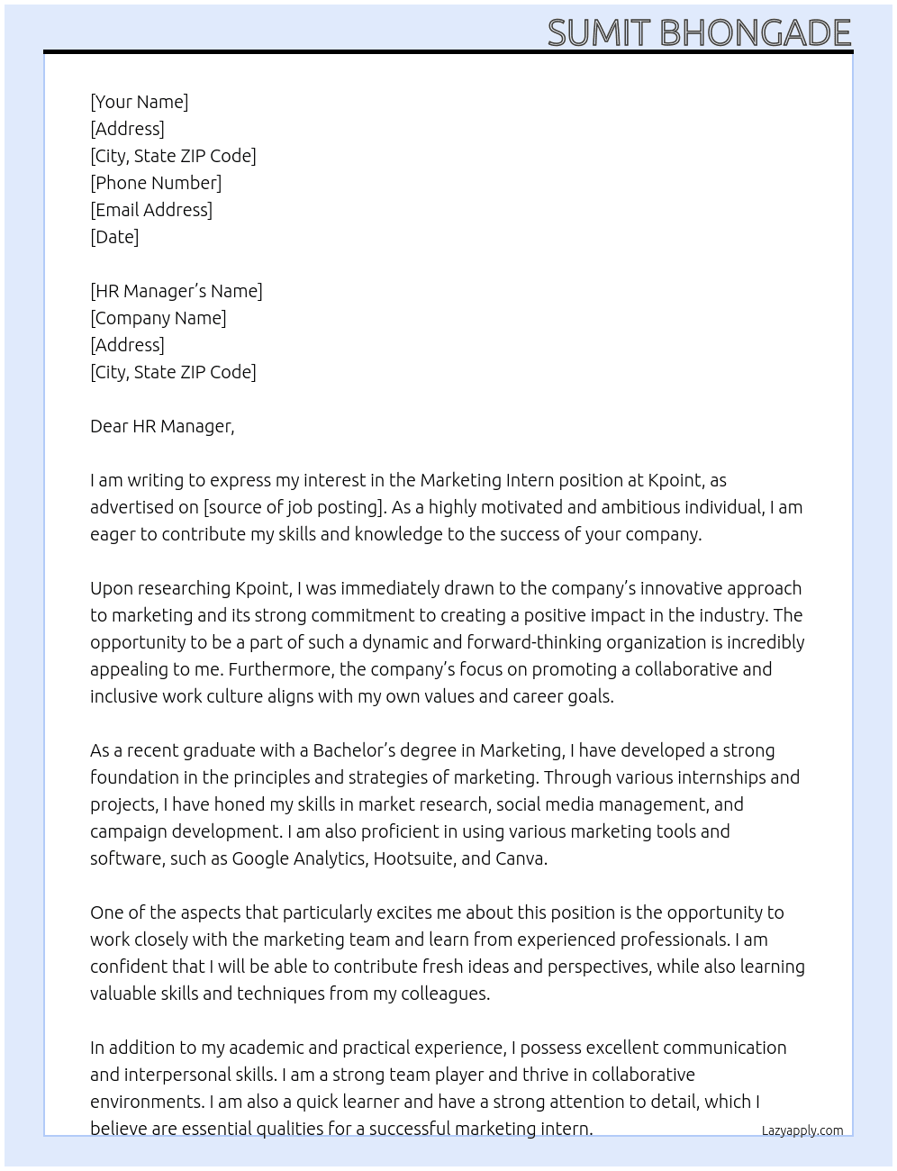 marketing intern At Kpoint Cover Letter