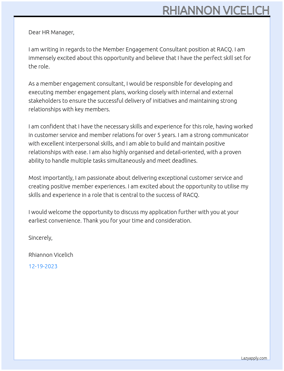 Member Engagement Consultant At RACQ Cover Letter