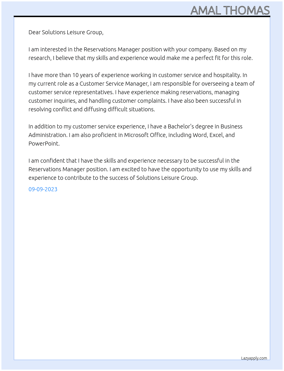 Reservations Manager At Solutions Leisure Group Cover Letter