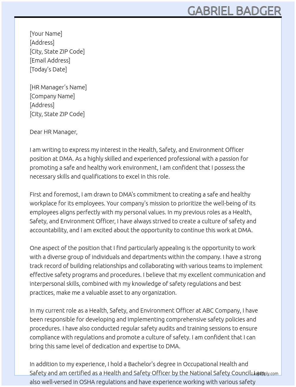Health, Safety and Environment Officer At DMA Cover Letter