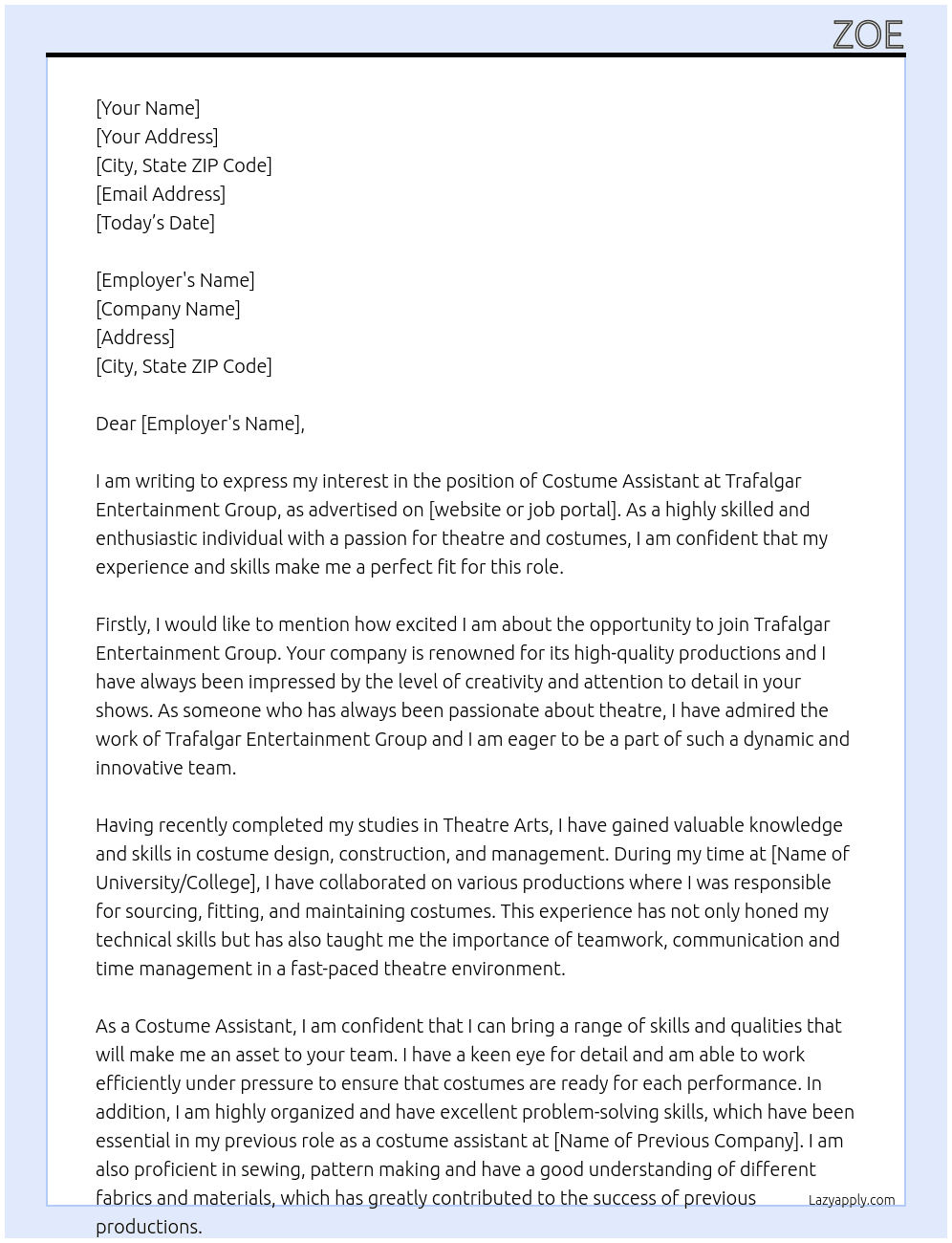 Costume Assistant Work Experience At Trafalgar Entertainment Group Cover Letter