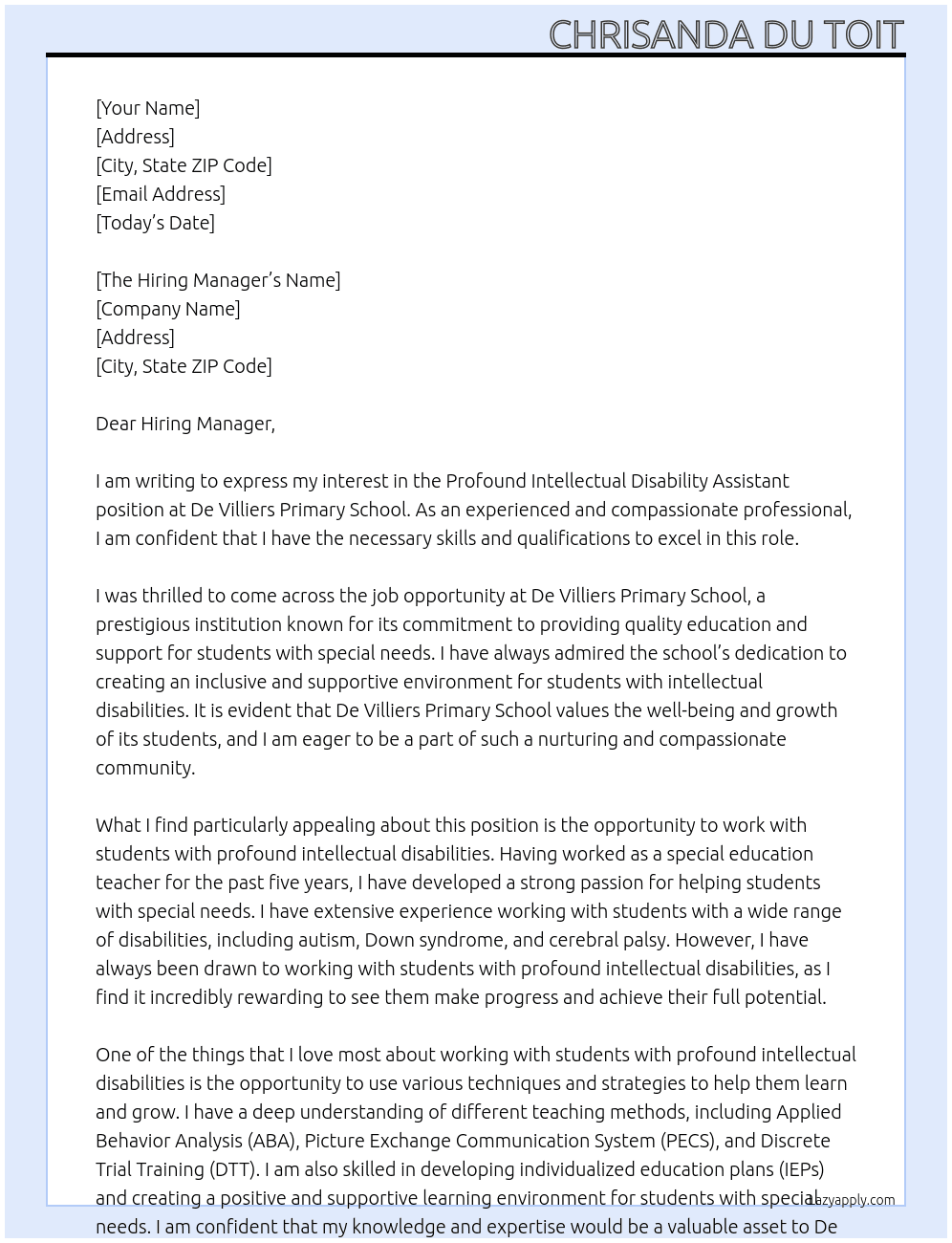 Profound Intellectual Disability Assistant At De Villiers Primary School Cover Letter