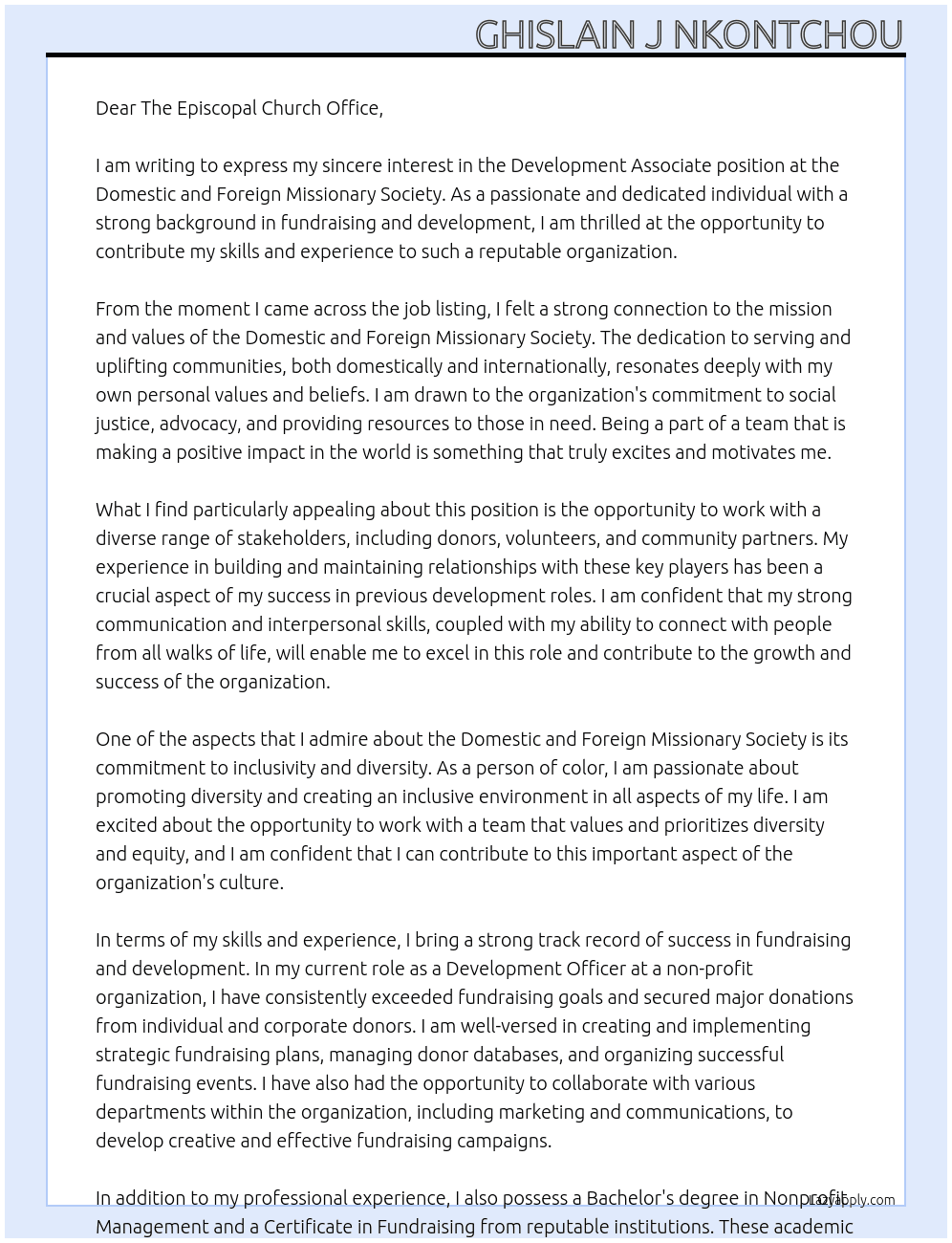  Development Associate At Domestic and Foreign Missionary Society Cover Letter