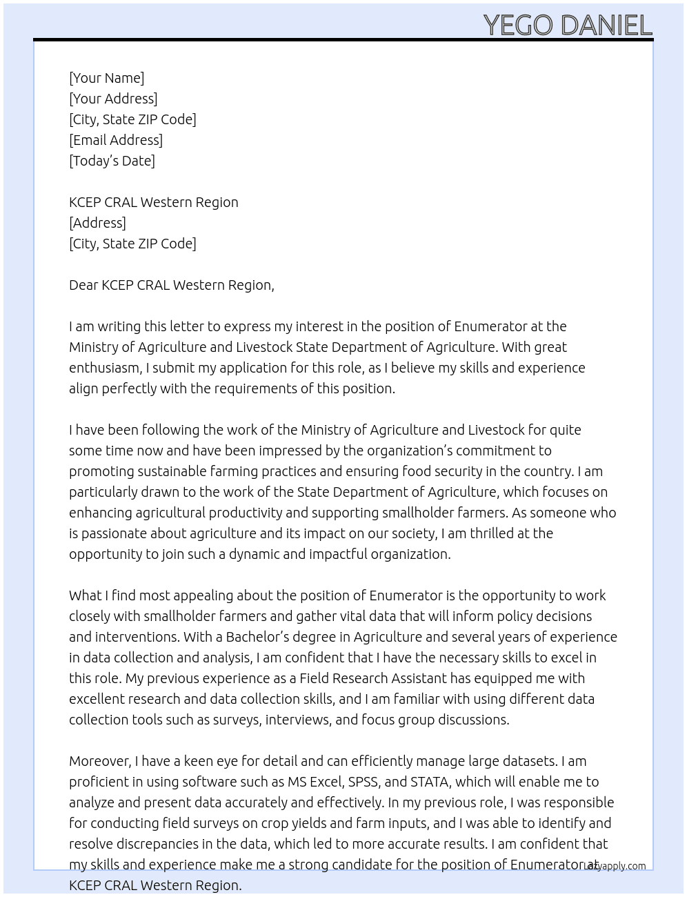ENUMERATOR At MINISTRY OF AGRICULTURE AND LIVESTOCK STATE DEPARTMENT OF AGRICULTURE  Cover Letter