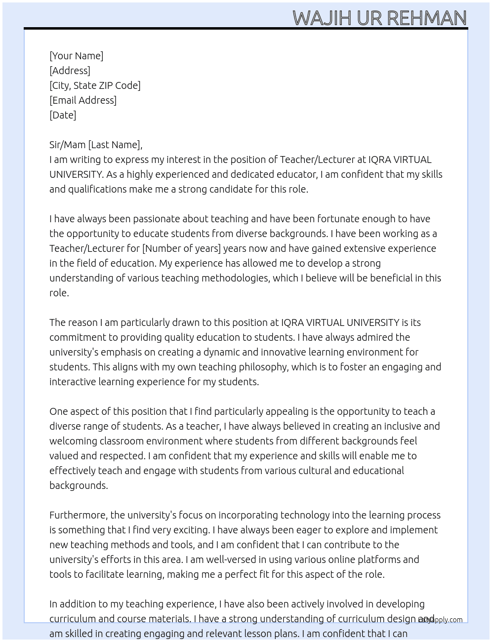 Teacher / Lecturer At IQRA VIRTUAL UNIVERSITY Cover Letter