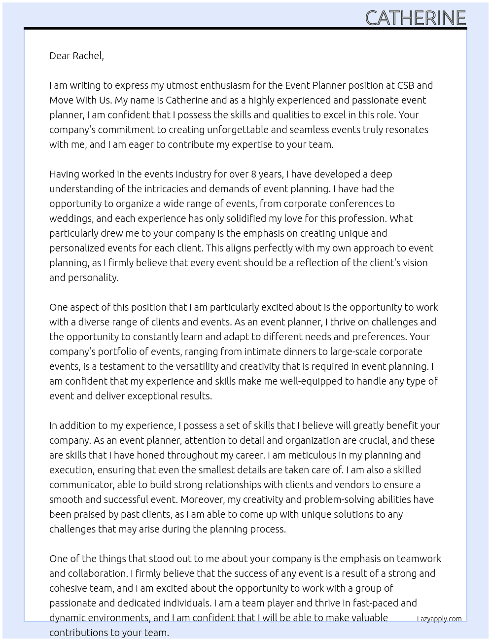 Event PLanner At CSB and Move With Us Cover Letter