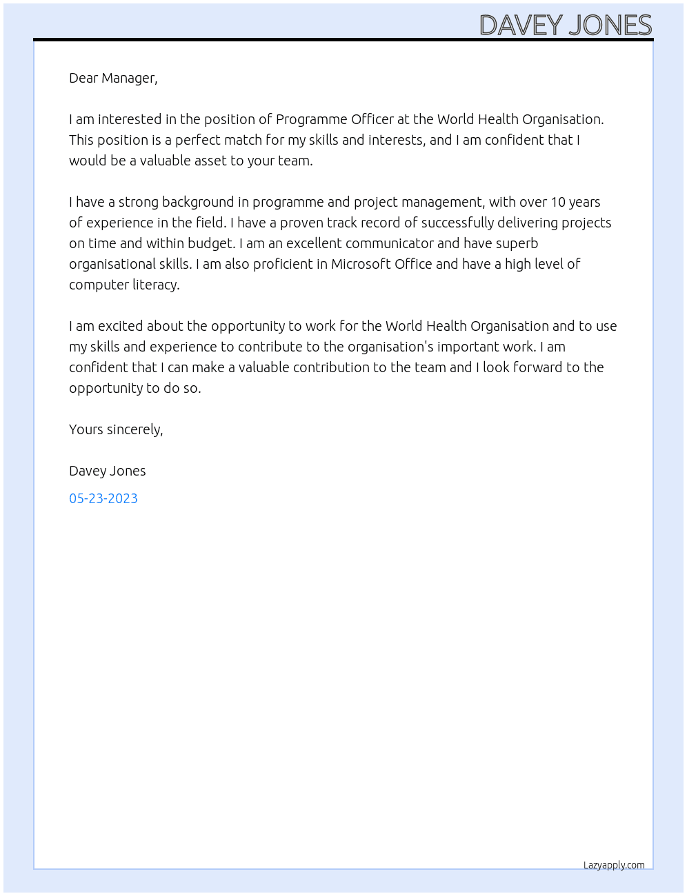 Programme Officer At World Health Organisation Cover Letter