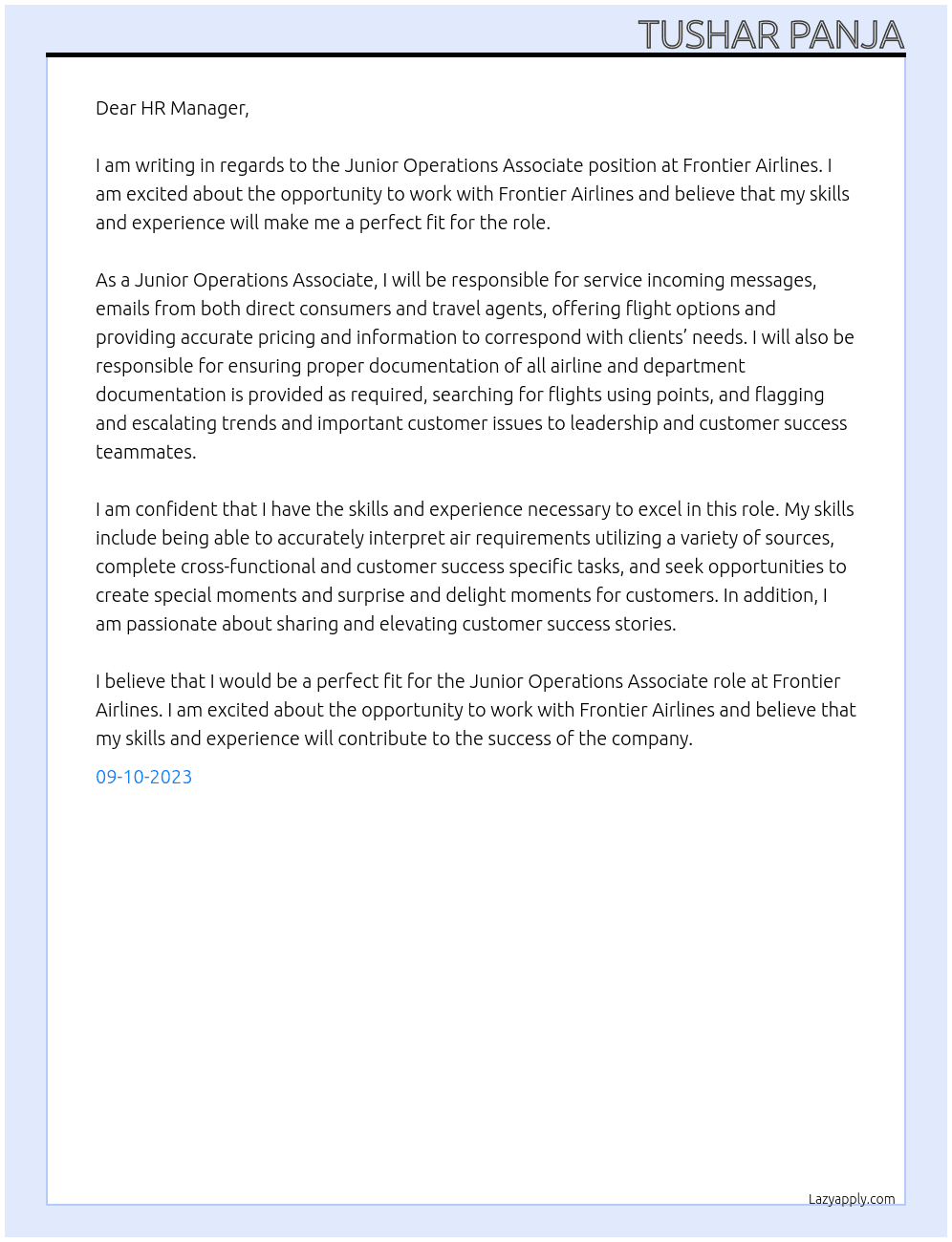 Junior Operations Associate At Frontier Airlines Cover Letter