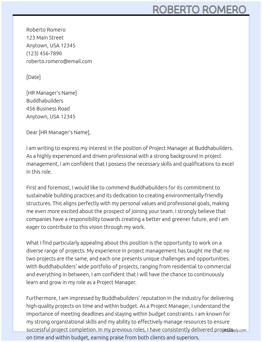 Project Manage  At buddhabuilders Cover Letter