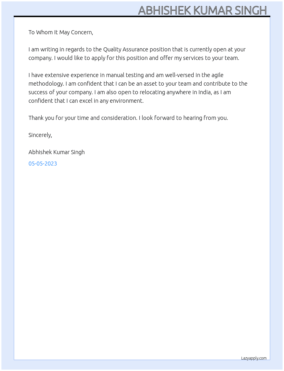 Quality assurance  At IT & software  Cover Letter