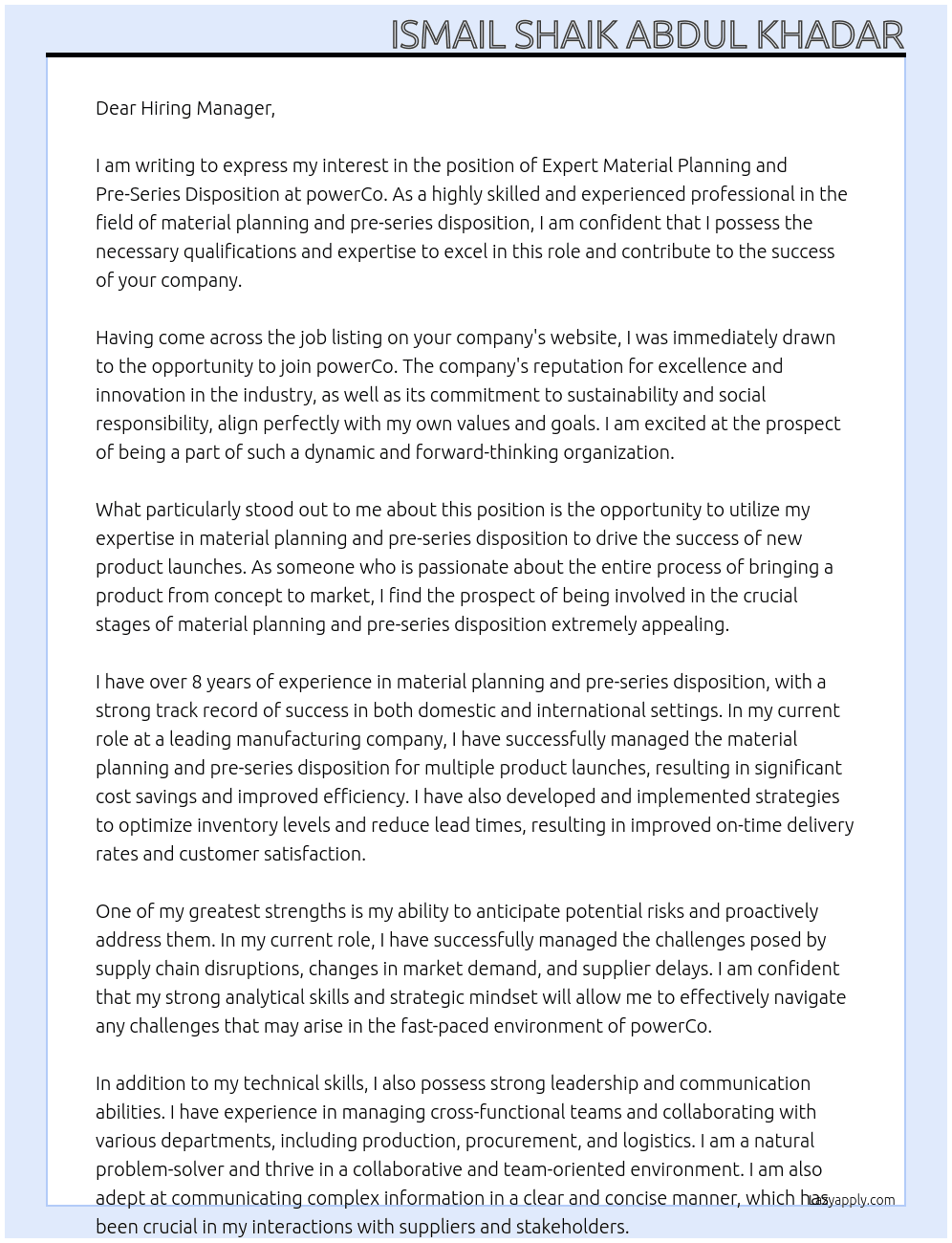 Expert Material Planning and Pre-Series Disposition At powerCo Cover Letter