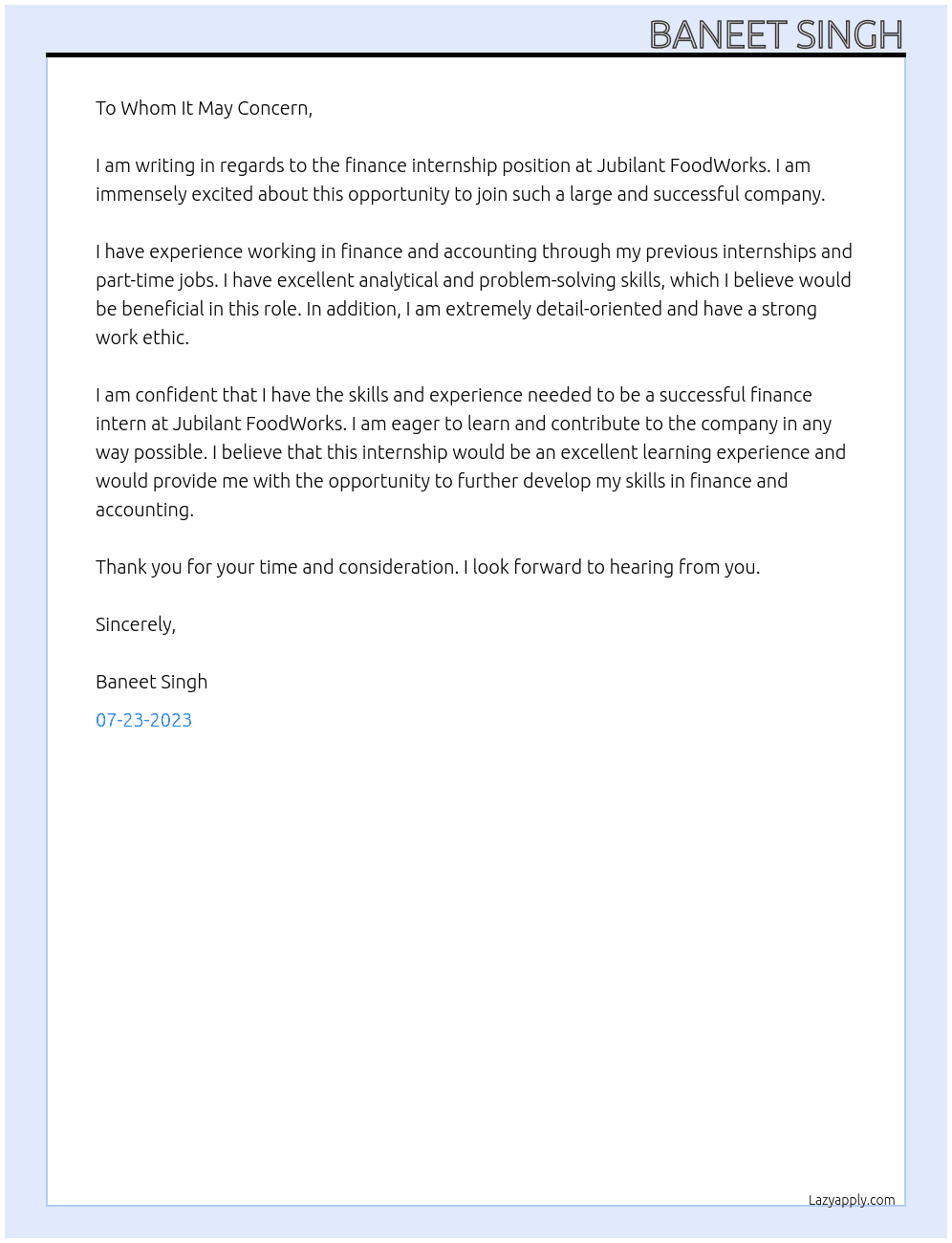 Finance intership At Jubilant FoodWorks Cover Letter