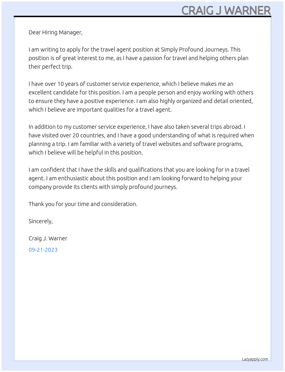 Travel Agent At Simply Profound Journeys Cover Letter