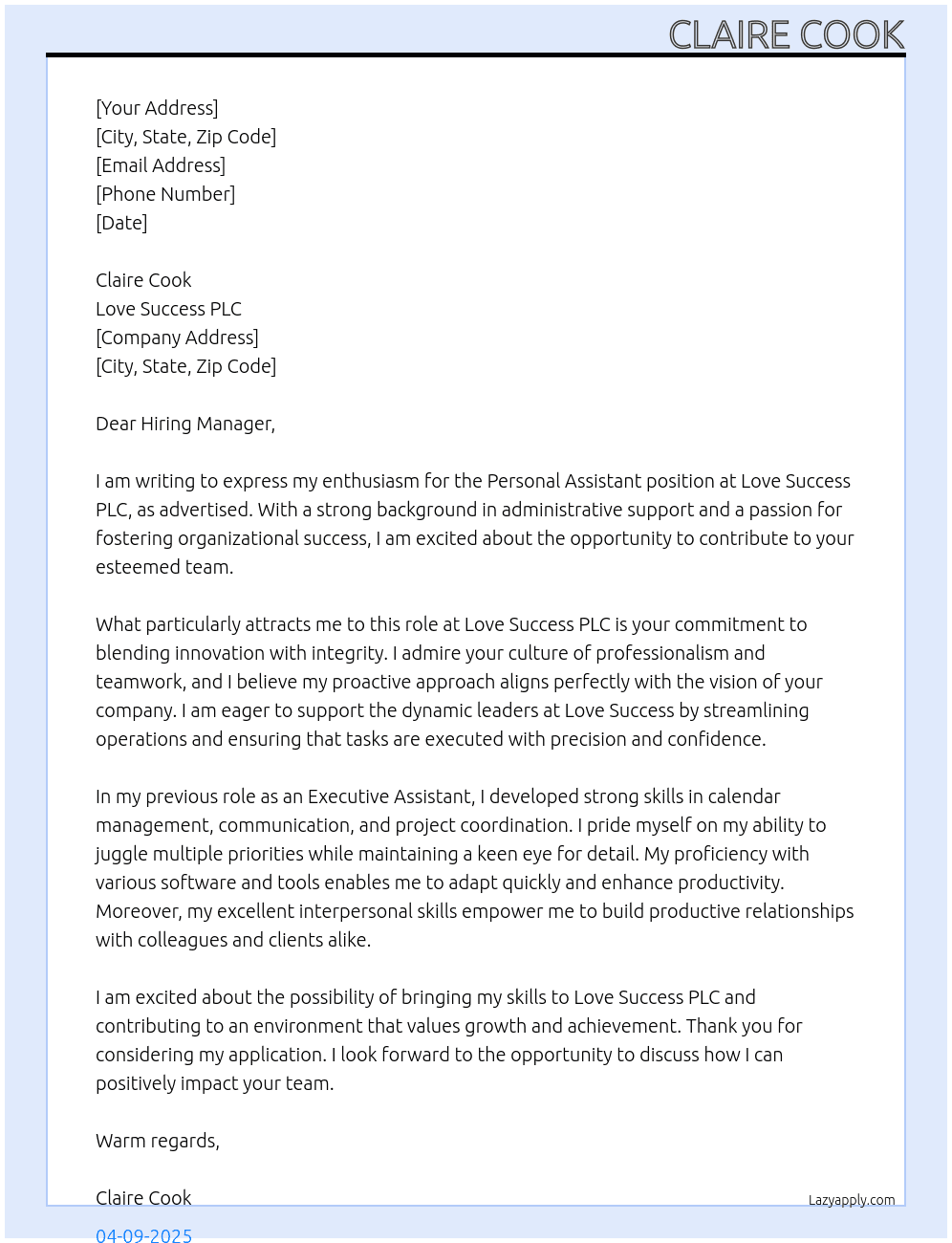 Personal Assistant At Love Success PLC Cover Letter