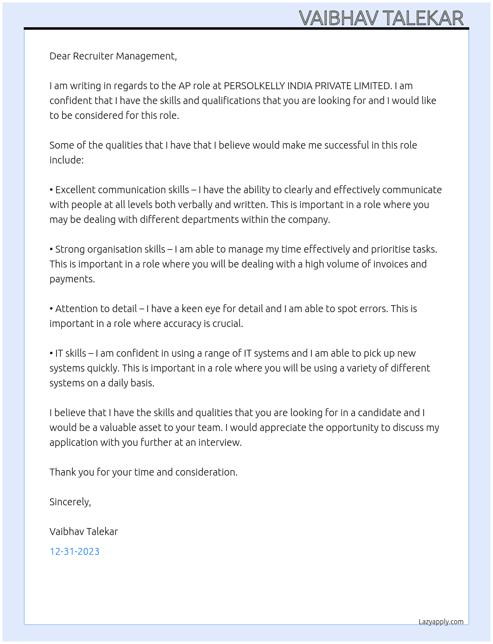 AP Role  At PERSOLKELLY INDIA PRIVATE LIMITED Cover Letter