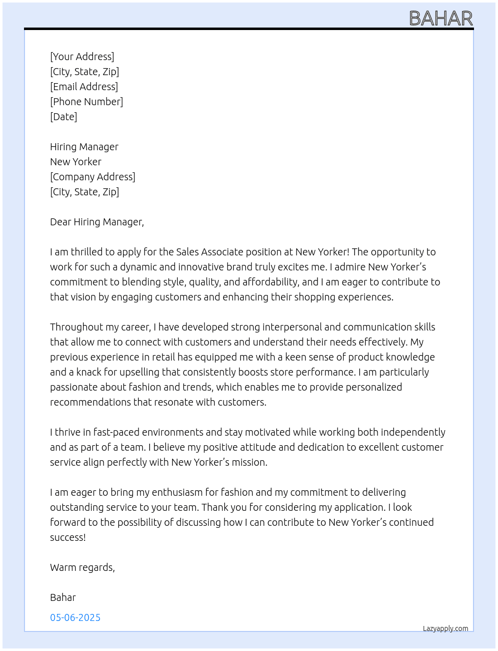  sales associate  At New Yorker Cover Letter