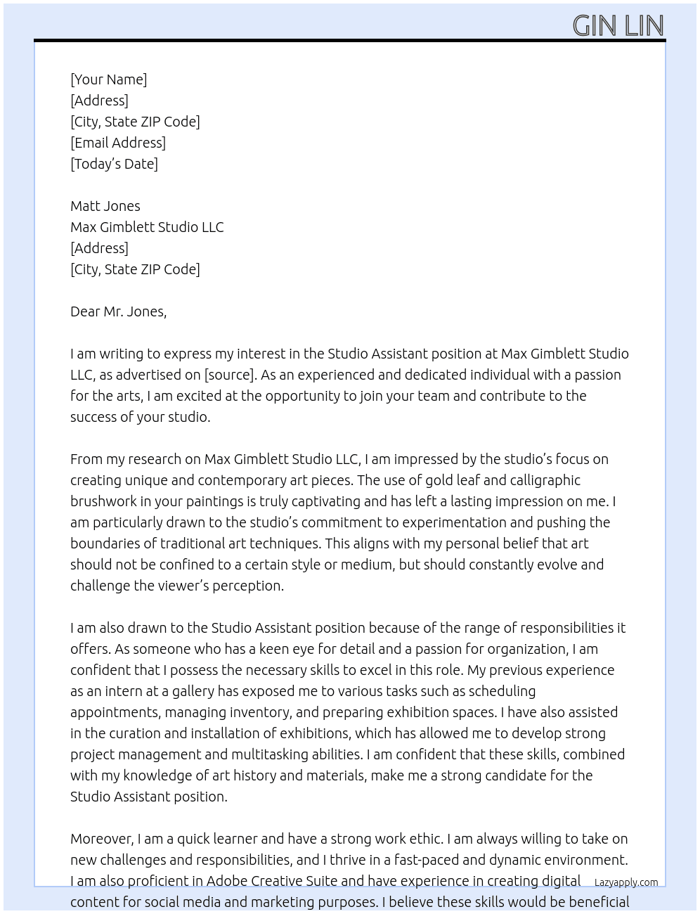 studio assistant At Max Gimblett Studio LLC Cover Letter