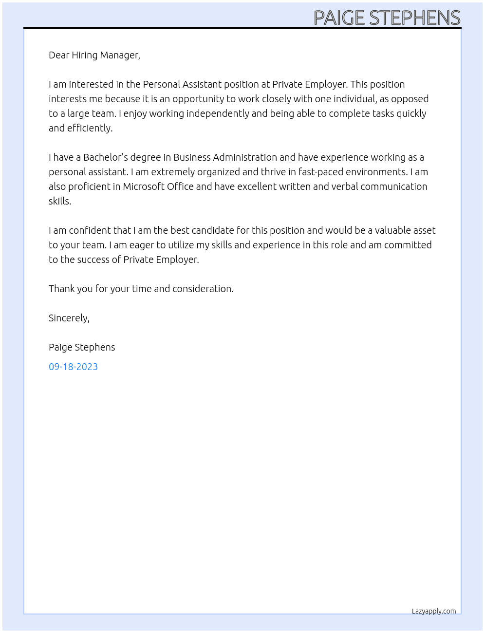 Personal Assistant  At Private Employer Cover Letter
