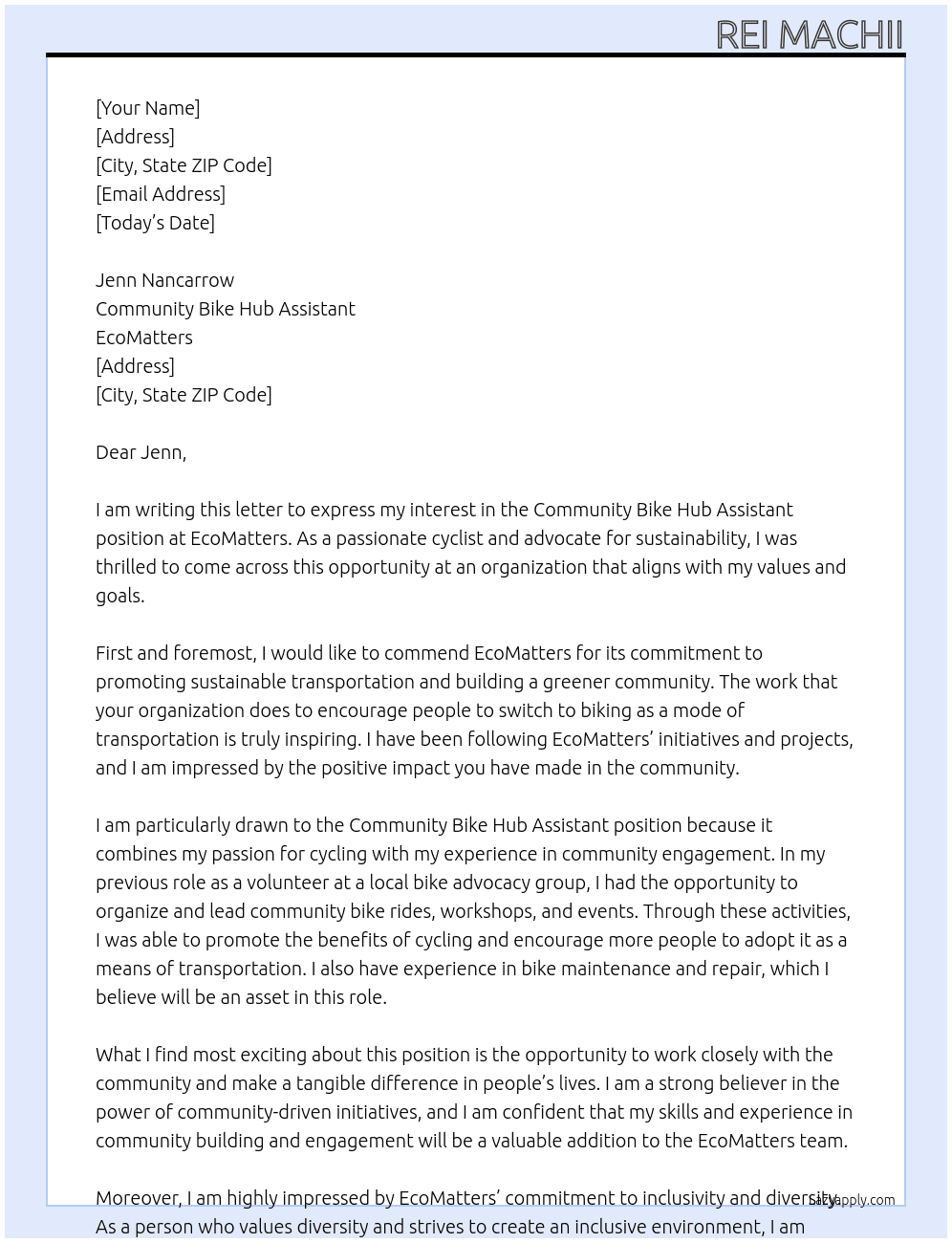 Community Bike Hub Assistant At EcoMatters Cover Letter
