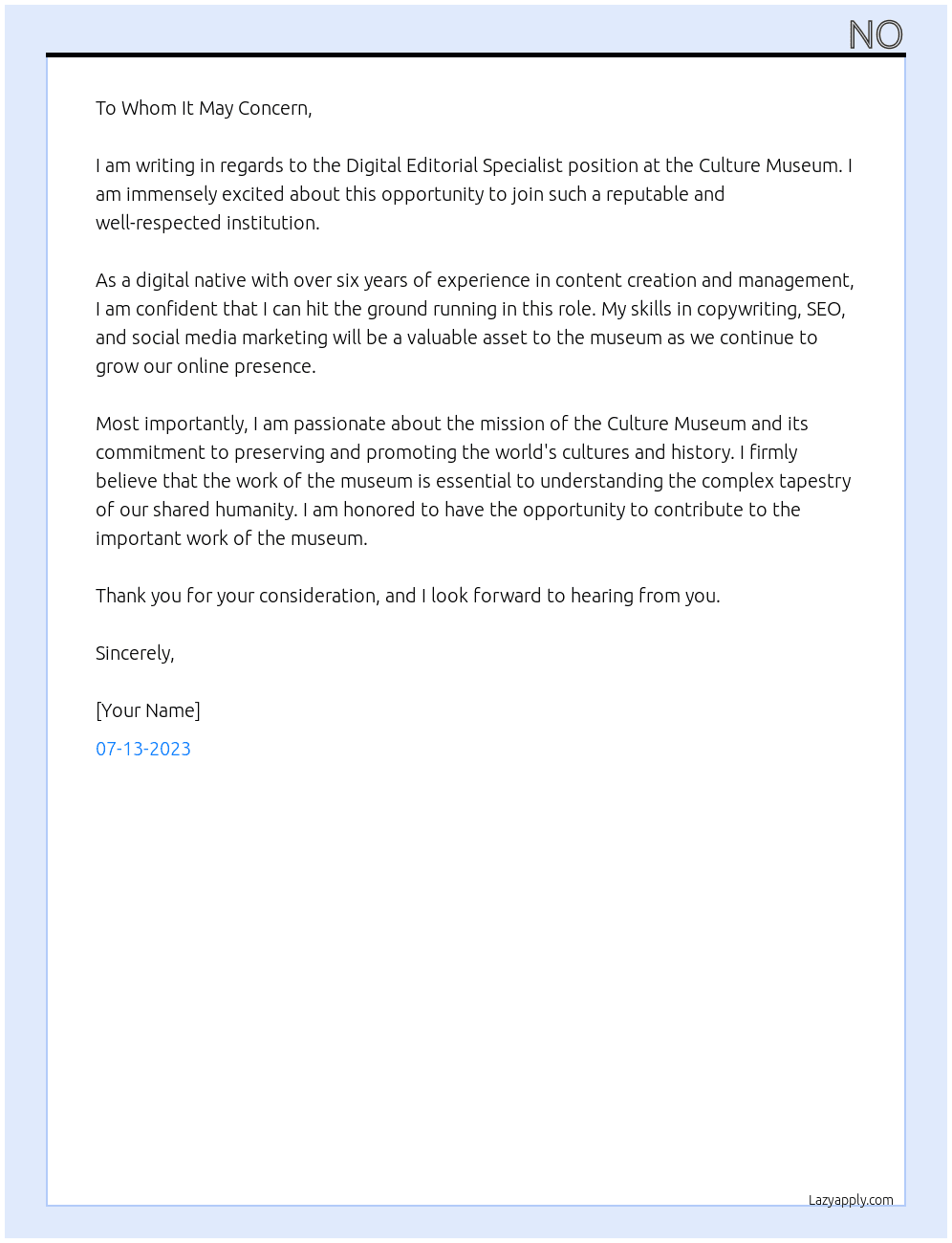   Digital Editorial Specialist At Culture Museum Cover Letter