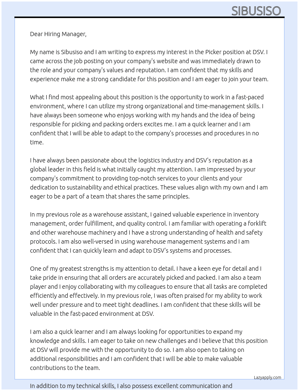 Picker At DSV Cover Letter