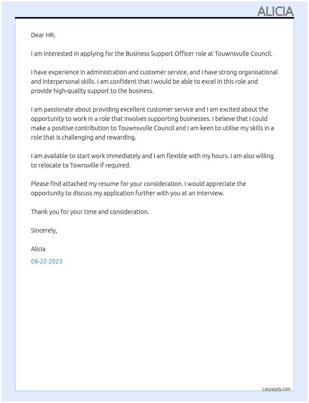Business Support Officer At Touwnsvulle  Council Cover Letter