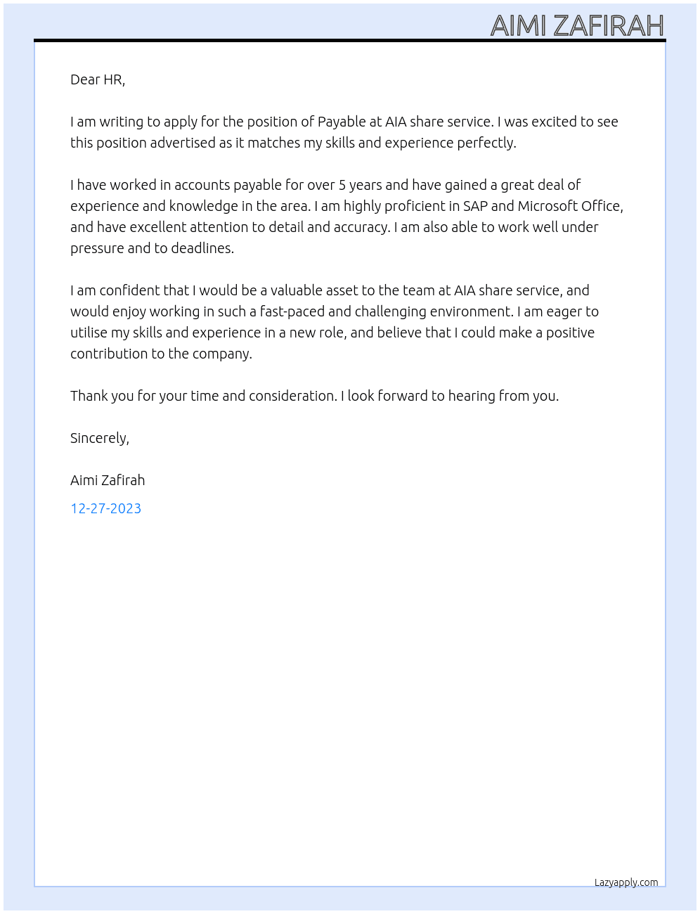 Payable At AIA share service Cover Letter