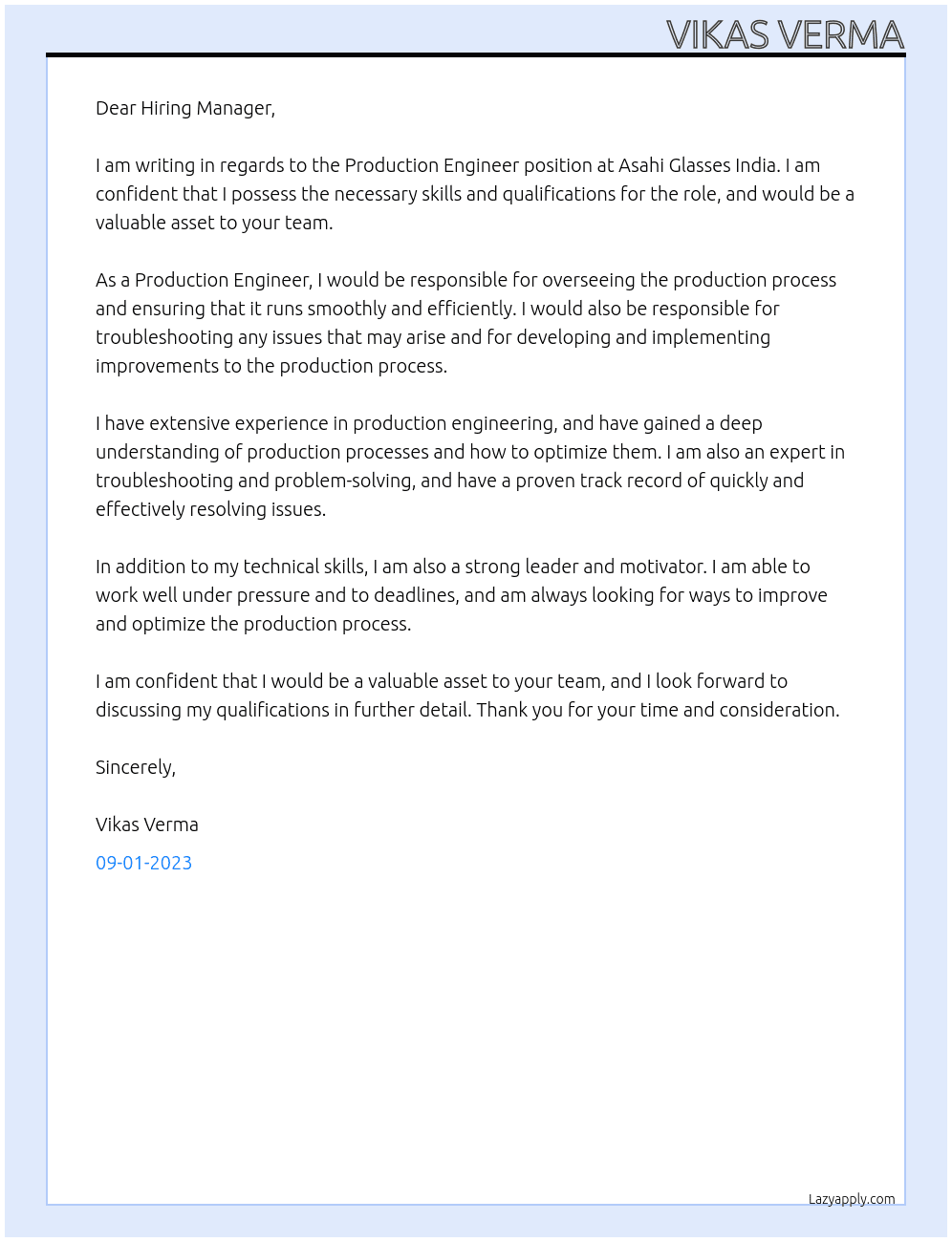 Production Engineer  At Asahi Glasses India  Cover Letter