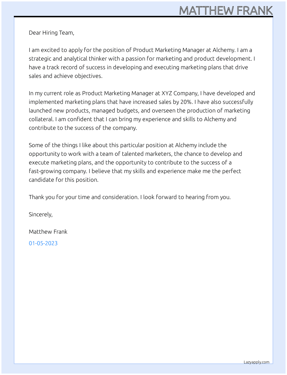 Product Marketing Manager At Alchemy Cover Letter