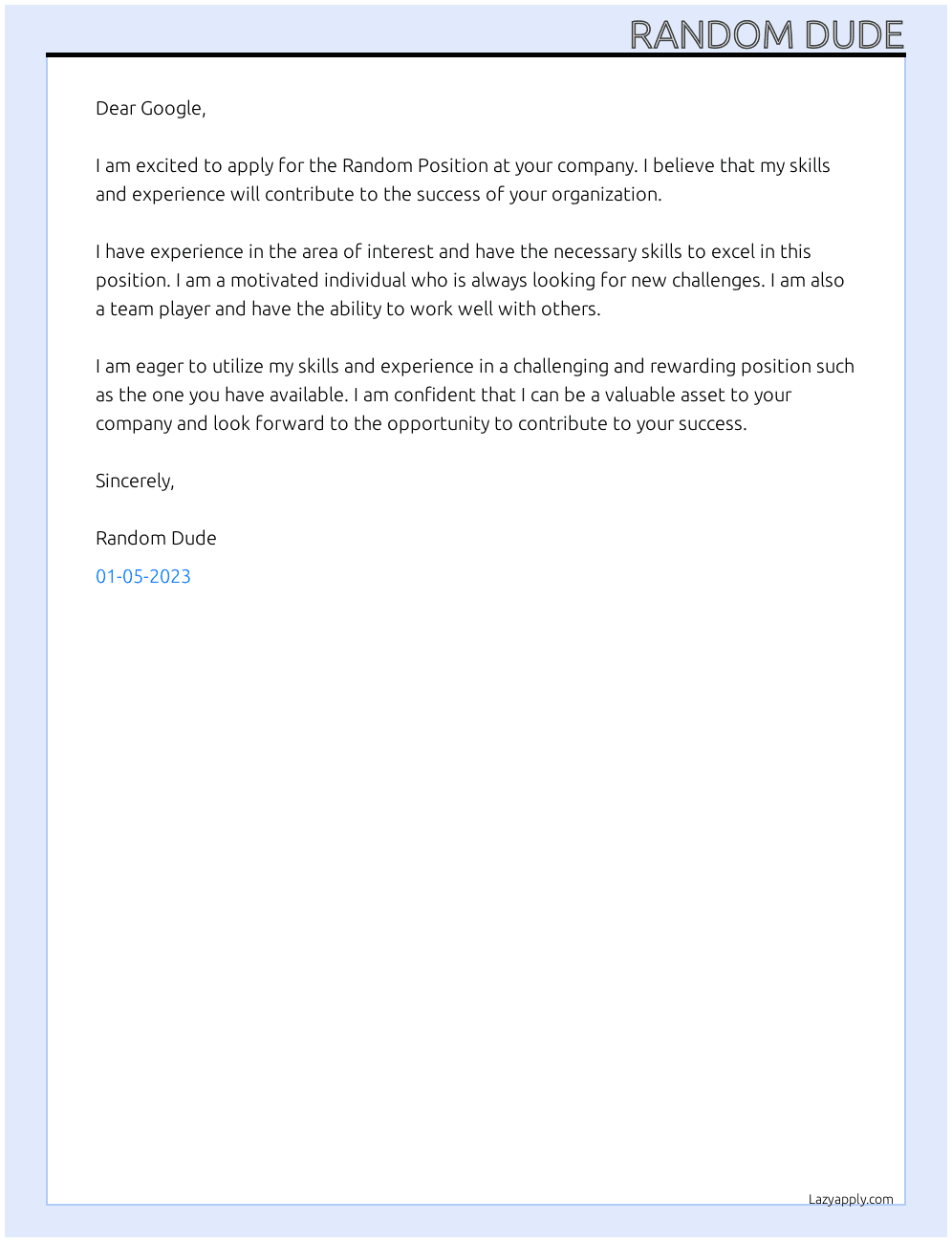 Cover letter for random position - LazyApply