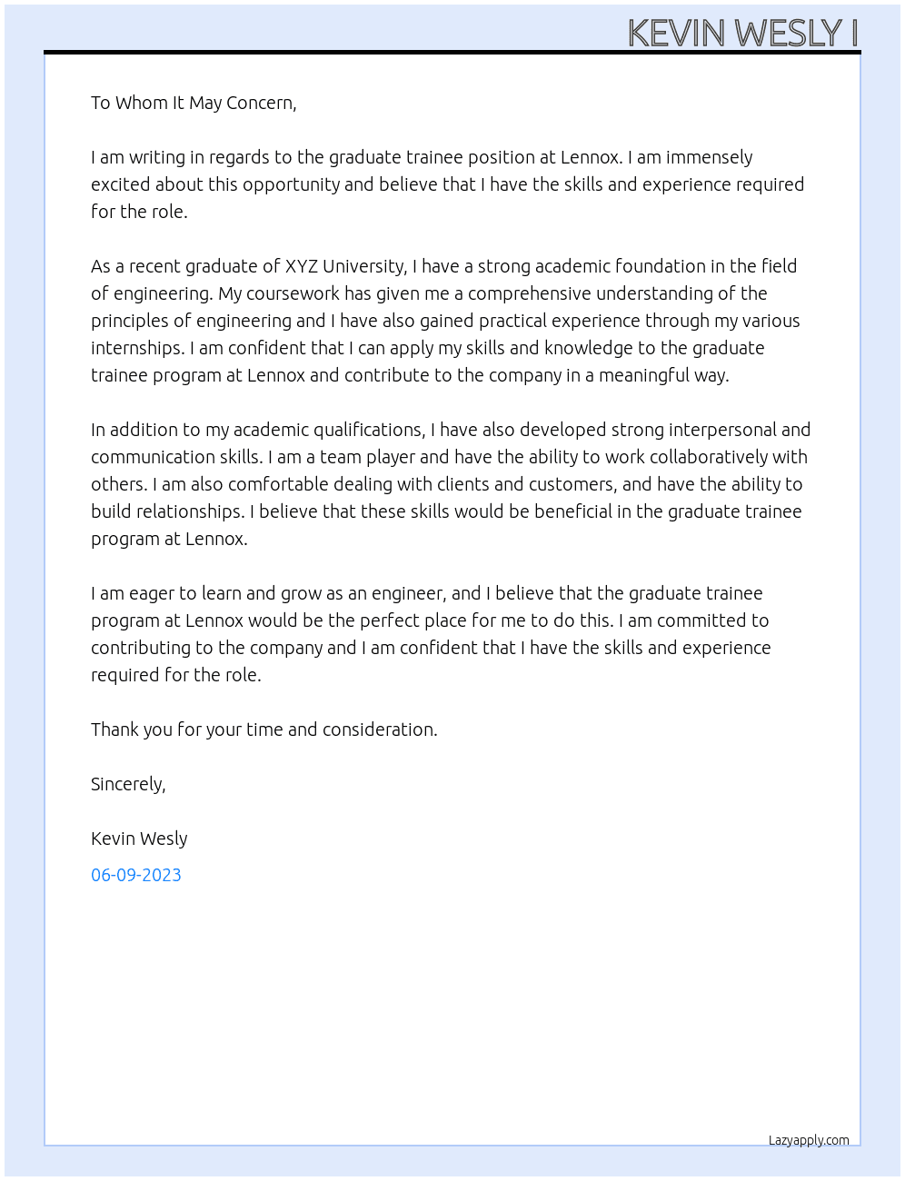 Graduate trainee  At Lennox  Cover Letter
