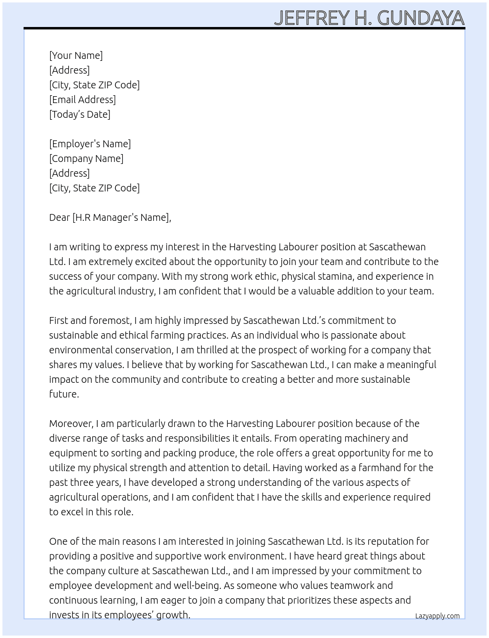 Harvesting labourer  At Sascathewan Ltd. Cover Letter