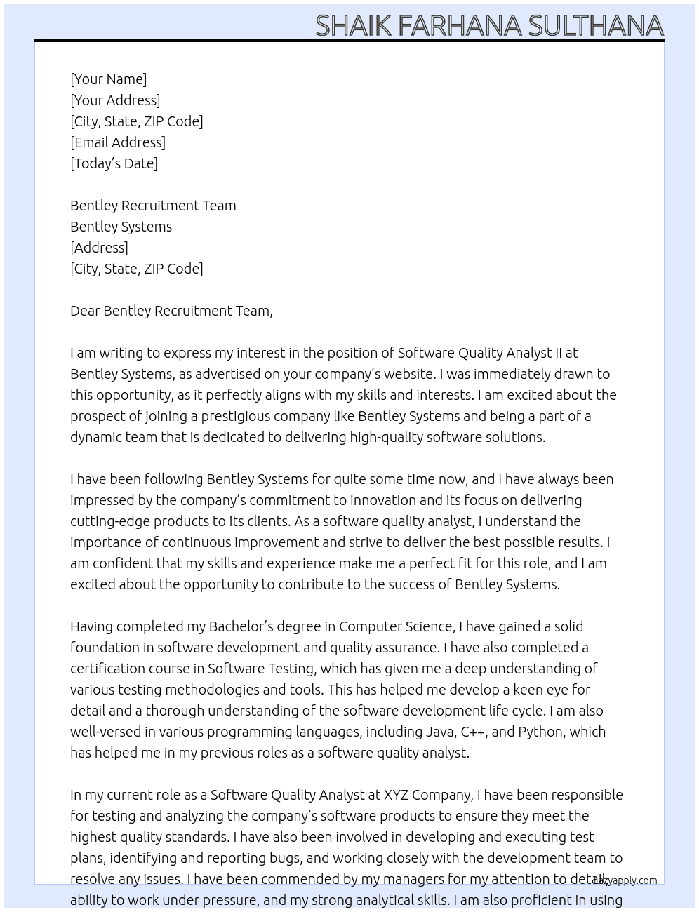 Software Quality Analyst II  At Bentley Systems  Cover Letter
