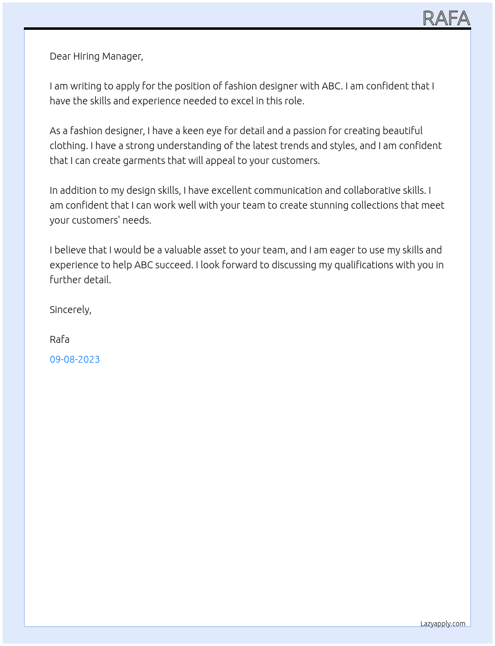 Fashion designer At ABC Cover Letter