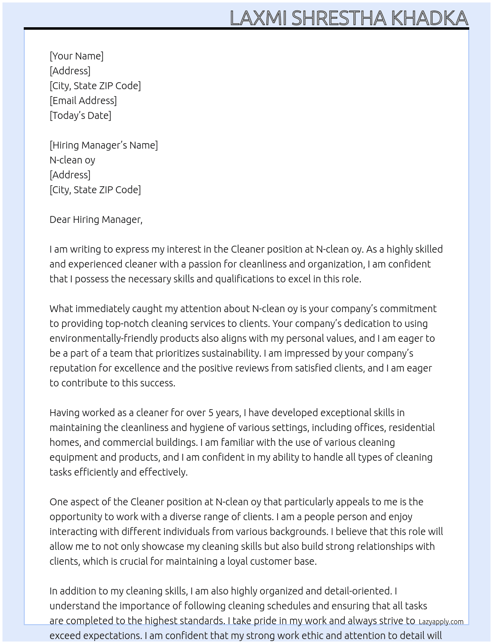 cleaner At N-clean oy Cover Letter
