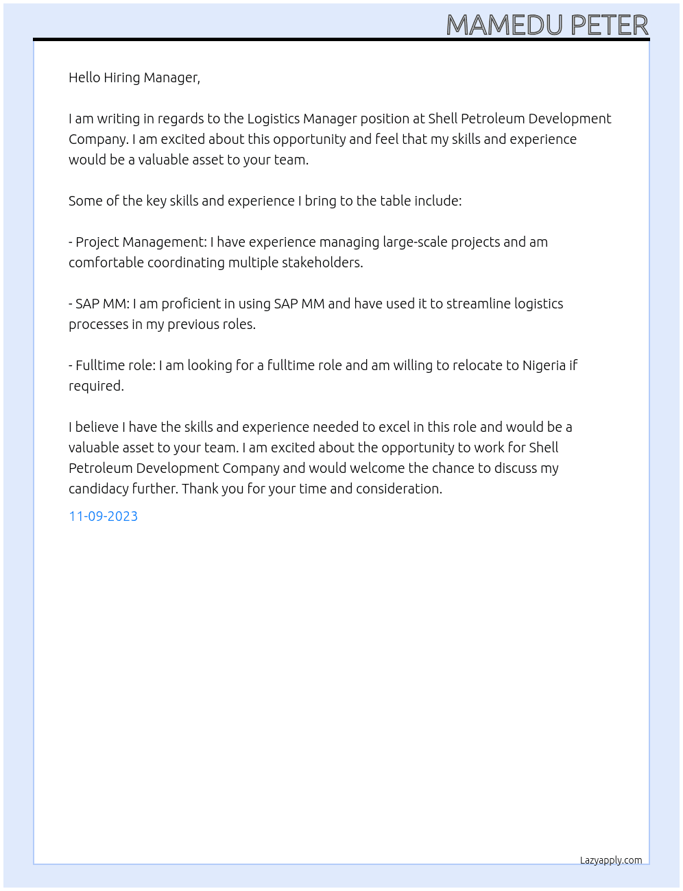 Logistics manager  At Shell Petroleum Development Compan7 Cover Letter