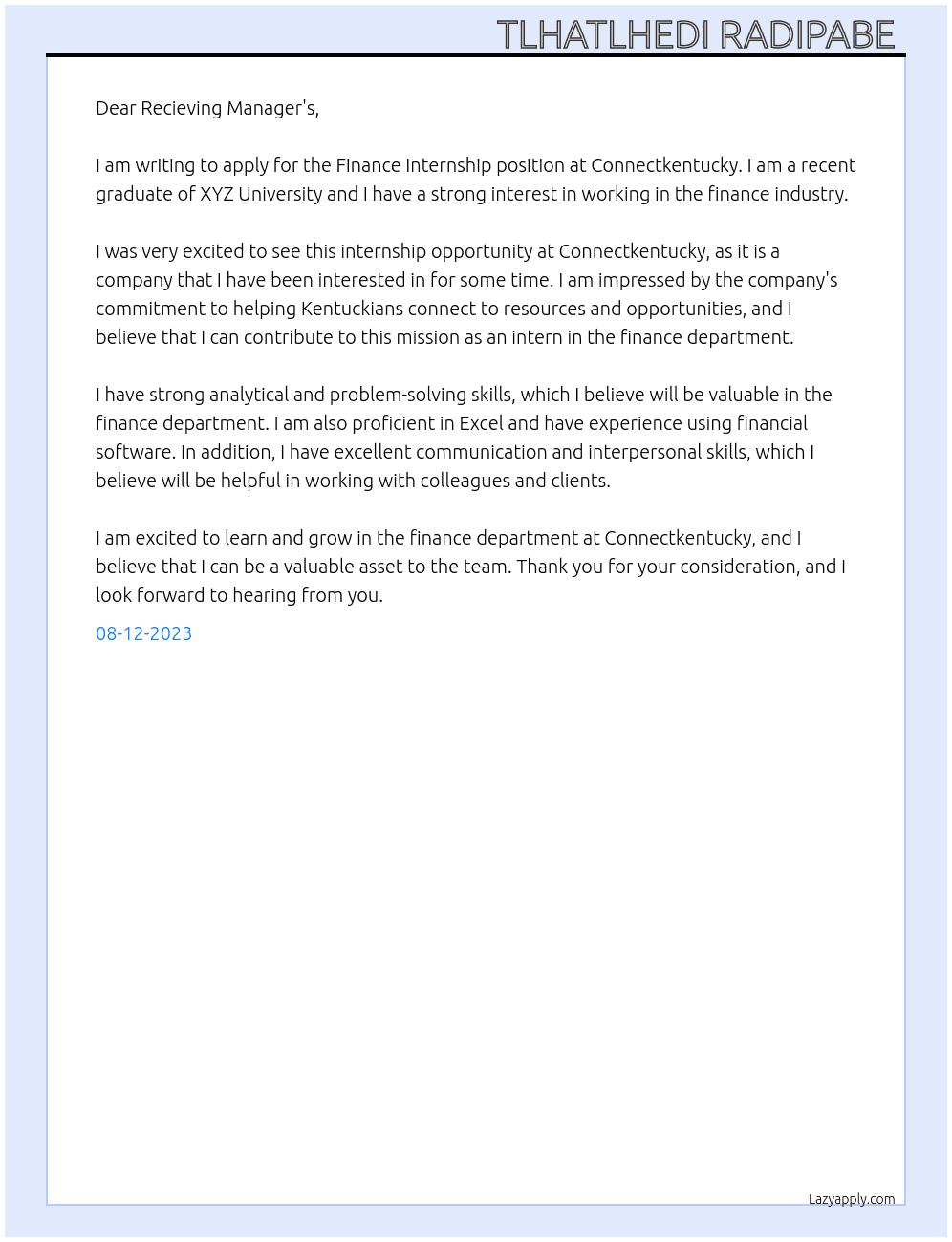 Finance Internship  At Connectkentucky Cover Letter