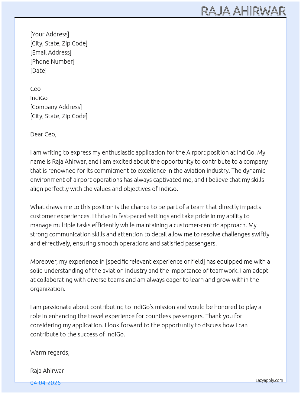 Airport  At IndiGo  Cover Letter