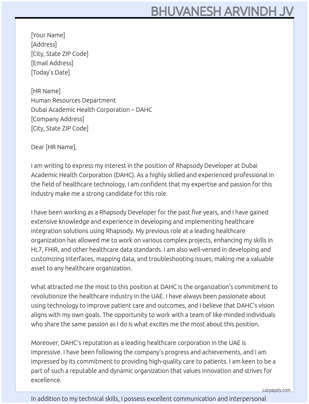 Rhapsody Developer At Dubai Academic Health Corporation - DAHC , UAE Cover Letter